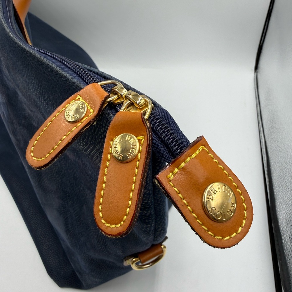 Bric’s Italy Leather Trim Blue Canvas Duffel Bag Weekender Travel Carry On - Picture 6 of 16